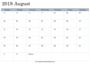 2019 printable calendar august
