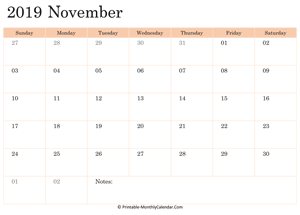 2019 printable calendar november