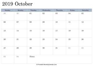 2019 printable calendar october