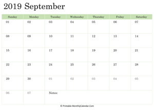 2019 printable calendar september
