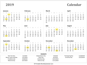 2019 yearly calendar holidays horizontal