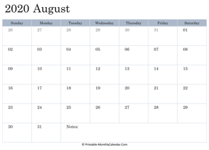 2020 printable calendar august