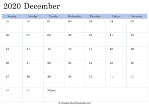 2020 printable calendar december