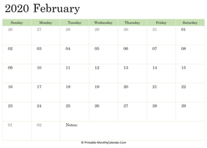 2020 printable calendar february