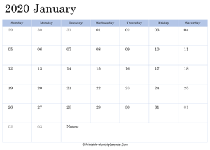 2020 printable calendar january