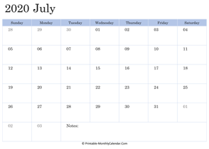 2020 printable calendar july