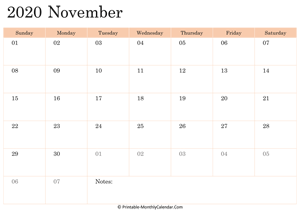 2020 printable calendar november