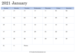 2021 printable calendar january