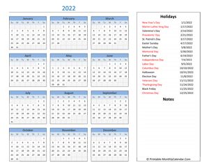 2022 calendar with holidays and notes