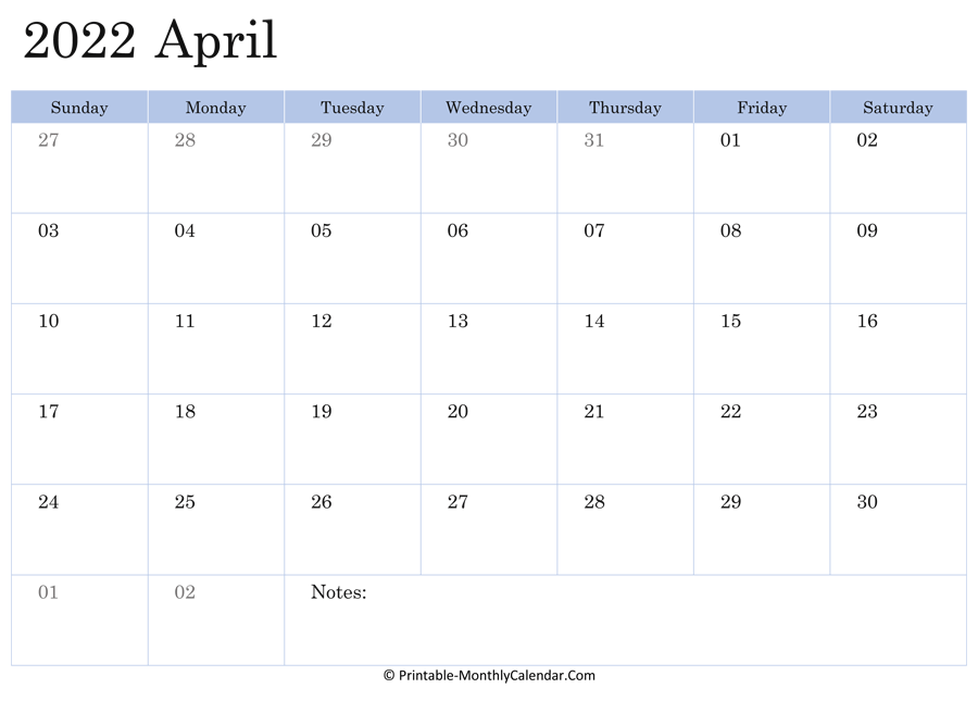 april 2022 blank calendar