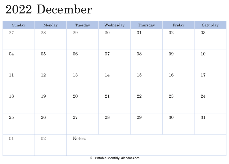 2022 printable calendar december