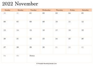 2022 printable calendar november