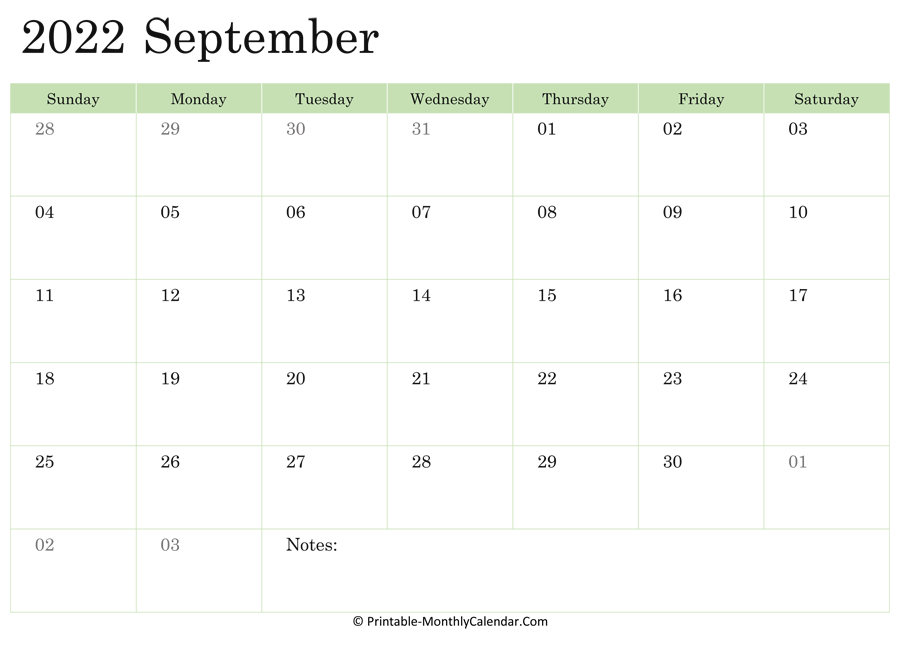 September 2022 Calendar Printable with Holidays