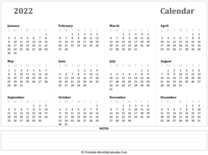 2022 yearly calendar notes horizontal