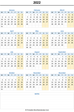 2022 yearly calendar notes vertical