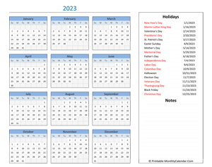 2023 calendar with holidays and notes