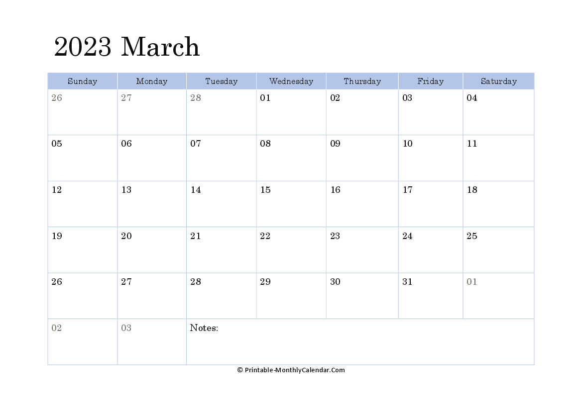2023 printable calendar march