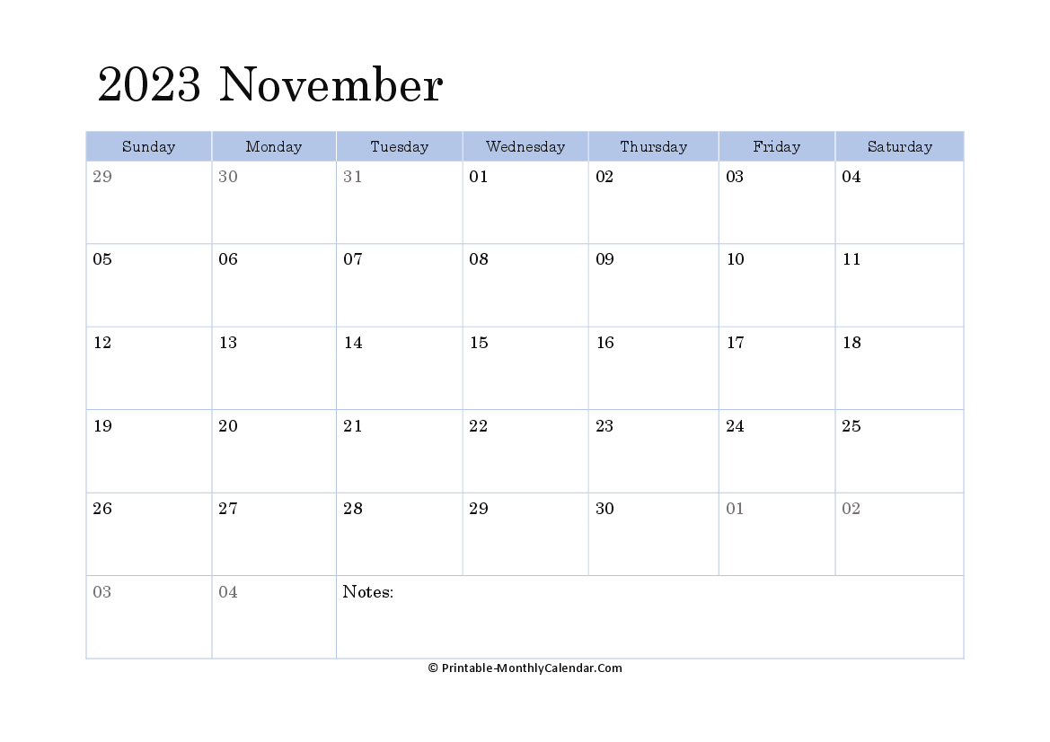2023 printable calendar november