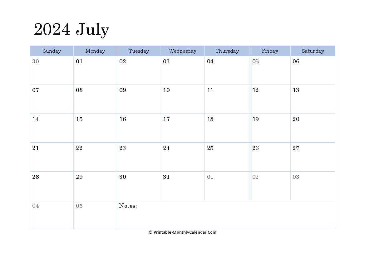 2024 printable calendar july