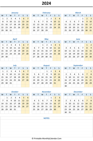 2024 yearly calendar notes vertical