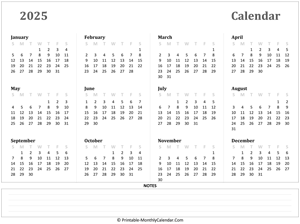 2025 yearly calendar with notes (horizontal)