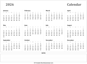 2026 yearly calendar with notes (horizontal)