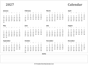 2027 yearly calendar with notes (horizontal)