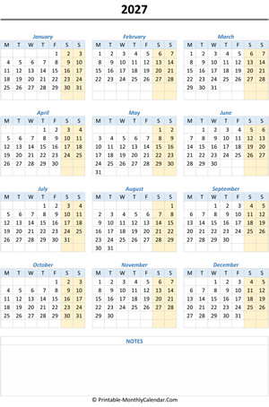 2027 yearly calendar notes vertical