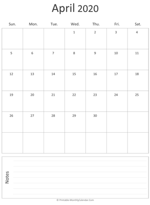 april 2020 printable calendar (portrait layout)