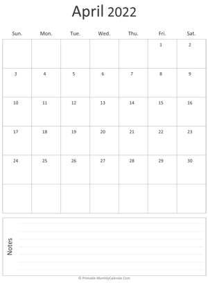 april 2022 printable calendar (portrait layout)