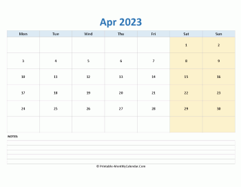 april 2023 editable calendar with notes (horizontal layout)