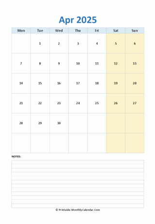 april 2025 editable calendar notes vertical