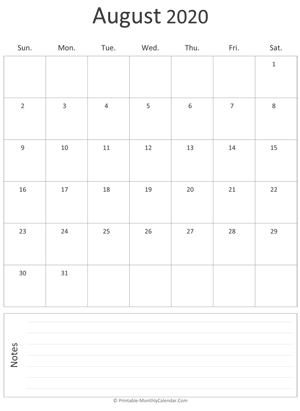 august 2020 printable calendar (portrait layout)