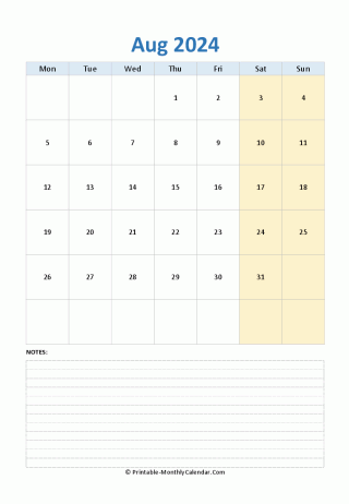 August 2024 Calendar (vertical)