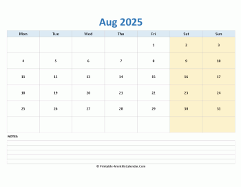 august 2025 editable calendar notes horizontal