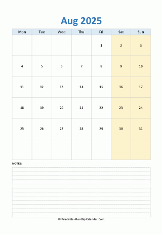 August 2025 Calendar (vertical)