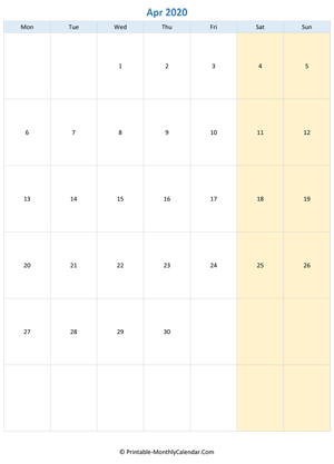 blank calendar april 2020 (vertical layout)