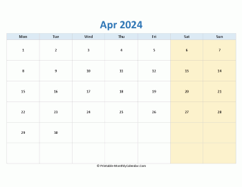 blank calendar april 2024 horizontal
