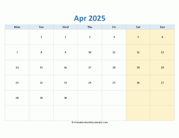 blank calendar april 2025 horizontal
