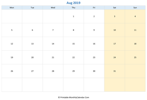 blank calendar august 2019 (horizontal layout)
