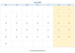 blank calendar august 2020 (horizontal layout)