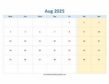 blank calendar august 2025 horizontal