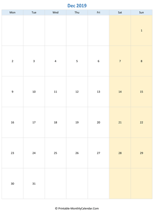 blank calendar december 2019 (vertical layout)
