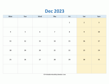 blank calendar december 2023 horizontal