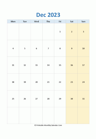 blank calendar december 2023 (vertical layout)
