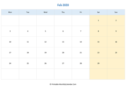 blank calendar february 2020 horizontal