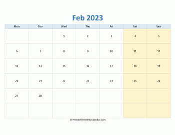 blank calendar february 2023 horizontal