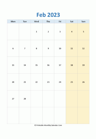 blank calendar february 2023 vertical