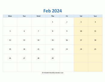 blank calendar february 2024 horizontal