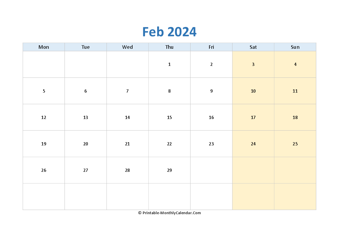 blank calendar february-2024 horizontal layout